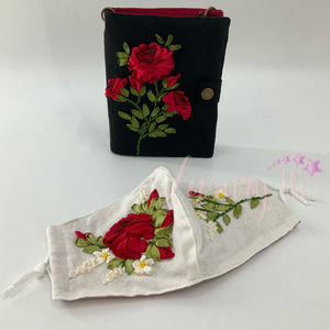 Red Rose Embroidery Passport Wallet & Silk Mask, Wedding Gift,Versatile Washable